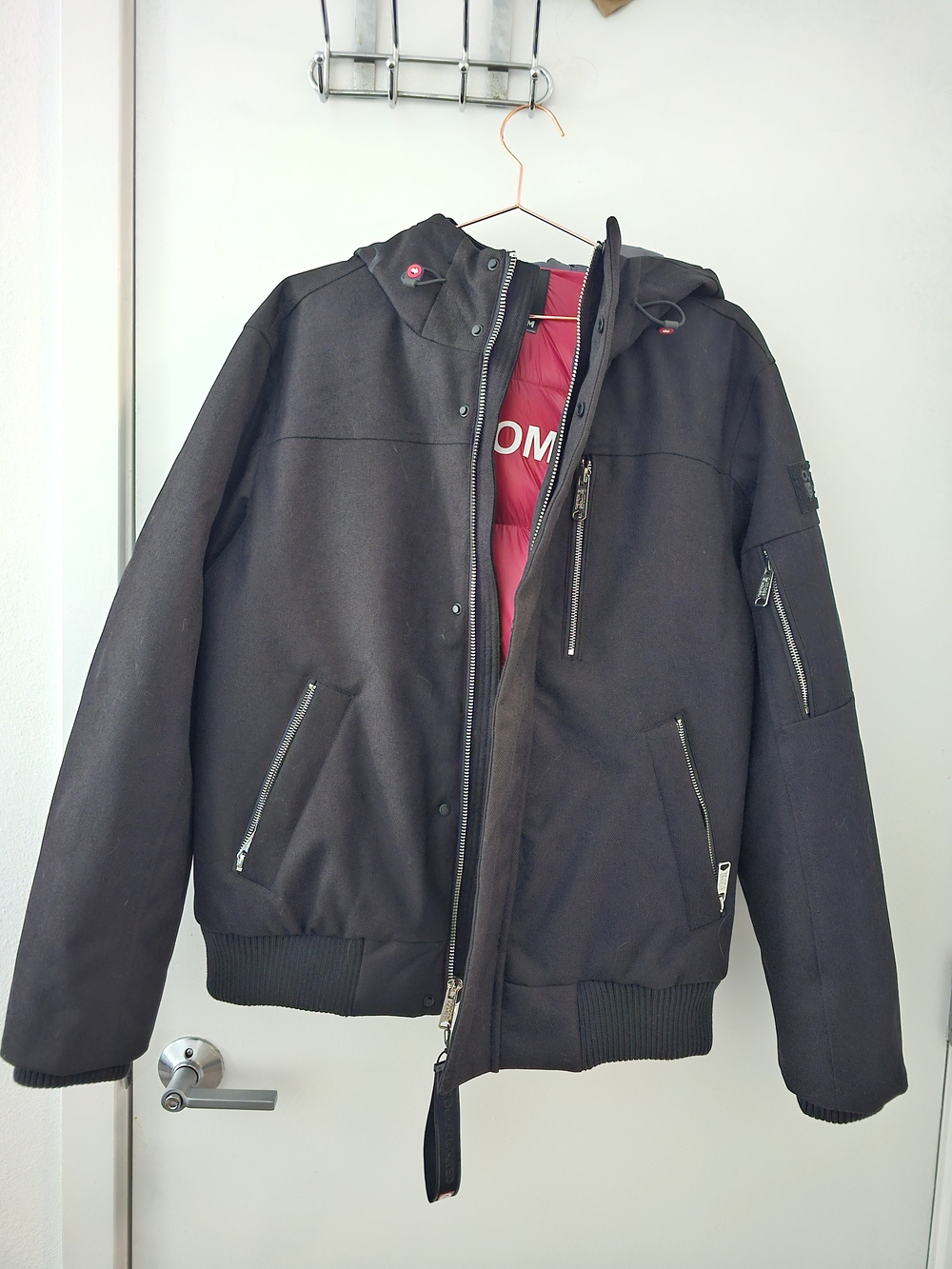 Men's Black Hooded Bomber Jacket with Red Lining